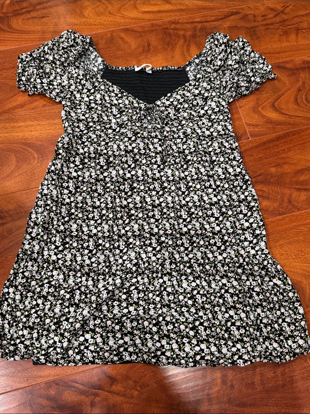 Altar'd State Black Floral Mini Dress with White & Green Ditsy Print